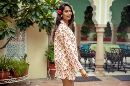 Hand Printed Cotton PJ SHORTS set - Red Poppy