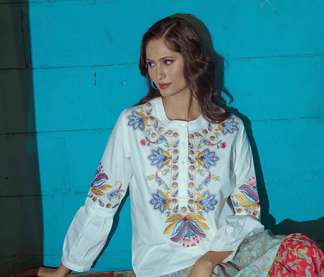 Persian Embroidered Poplin Blouse White