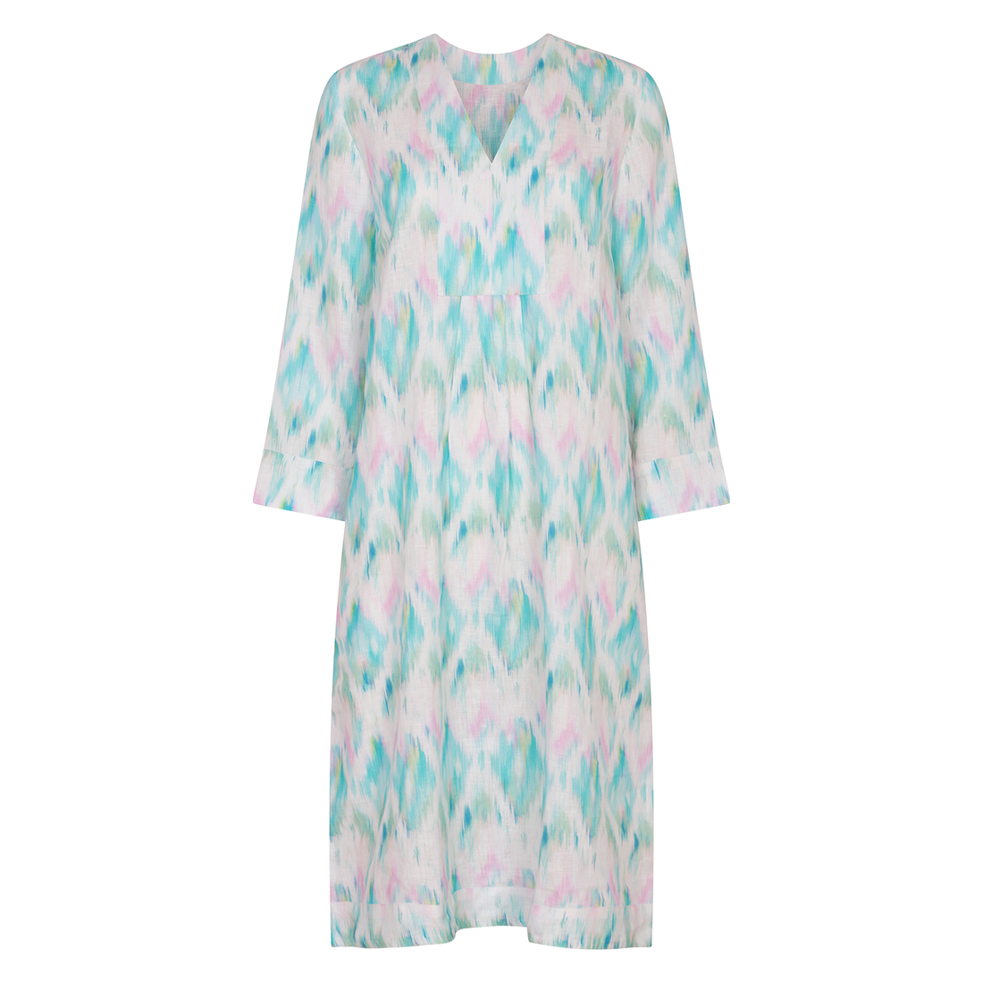 Ikat Multi Picot Dress Linen Aqua