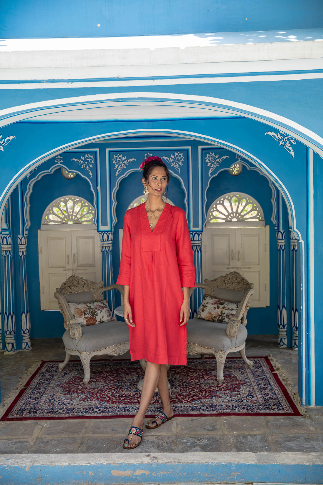 Picot MIDI Dress Linen - Red