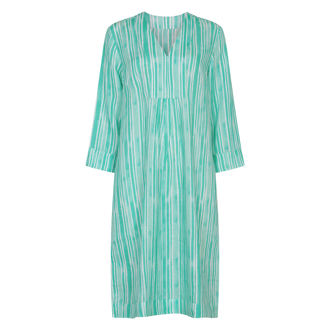 Green Stripe Picot Dress Linen Green
