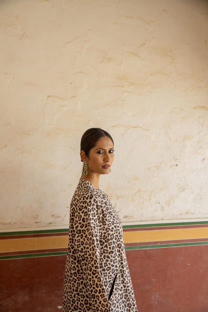 Super Mix Coat Dress Linen Brown Leopard