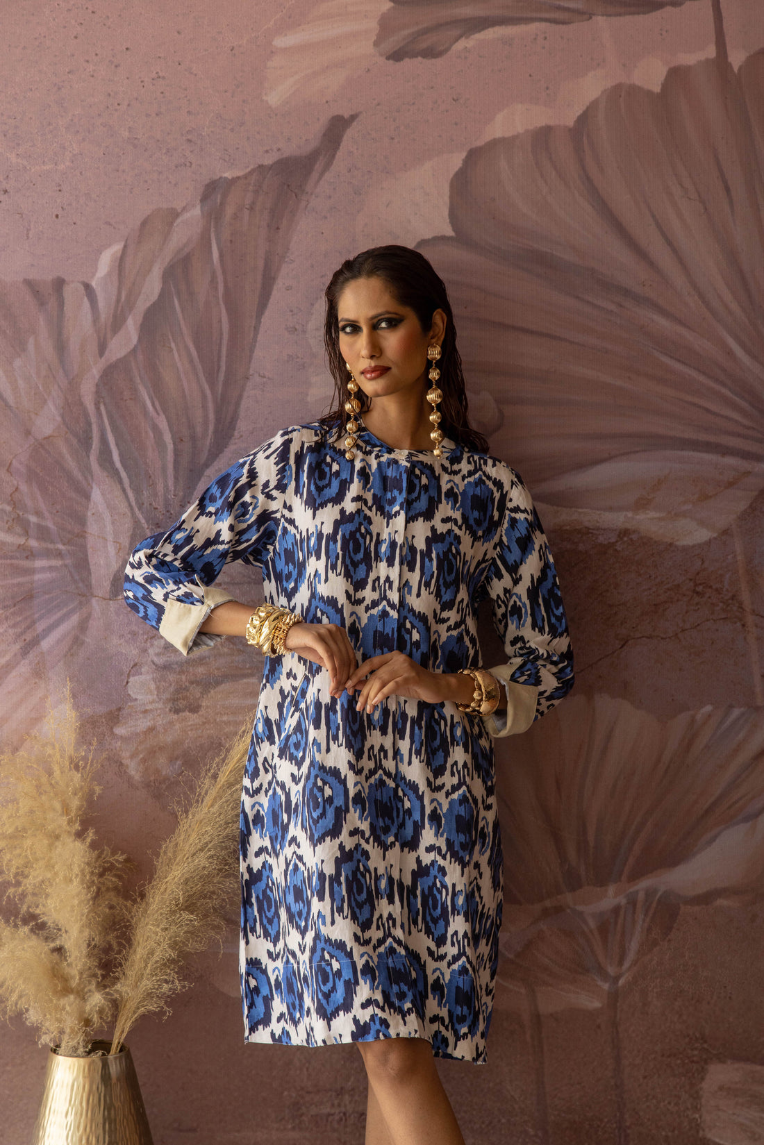 Swizzle Print Super Mix Coat Dress Linen Blue