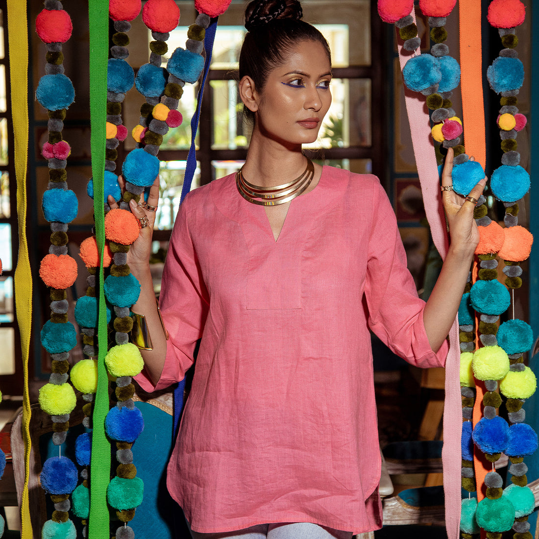 Lifestyle Top Long Linen Raspberry
