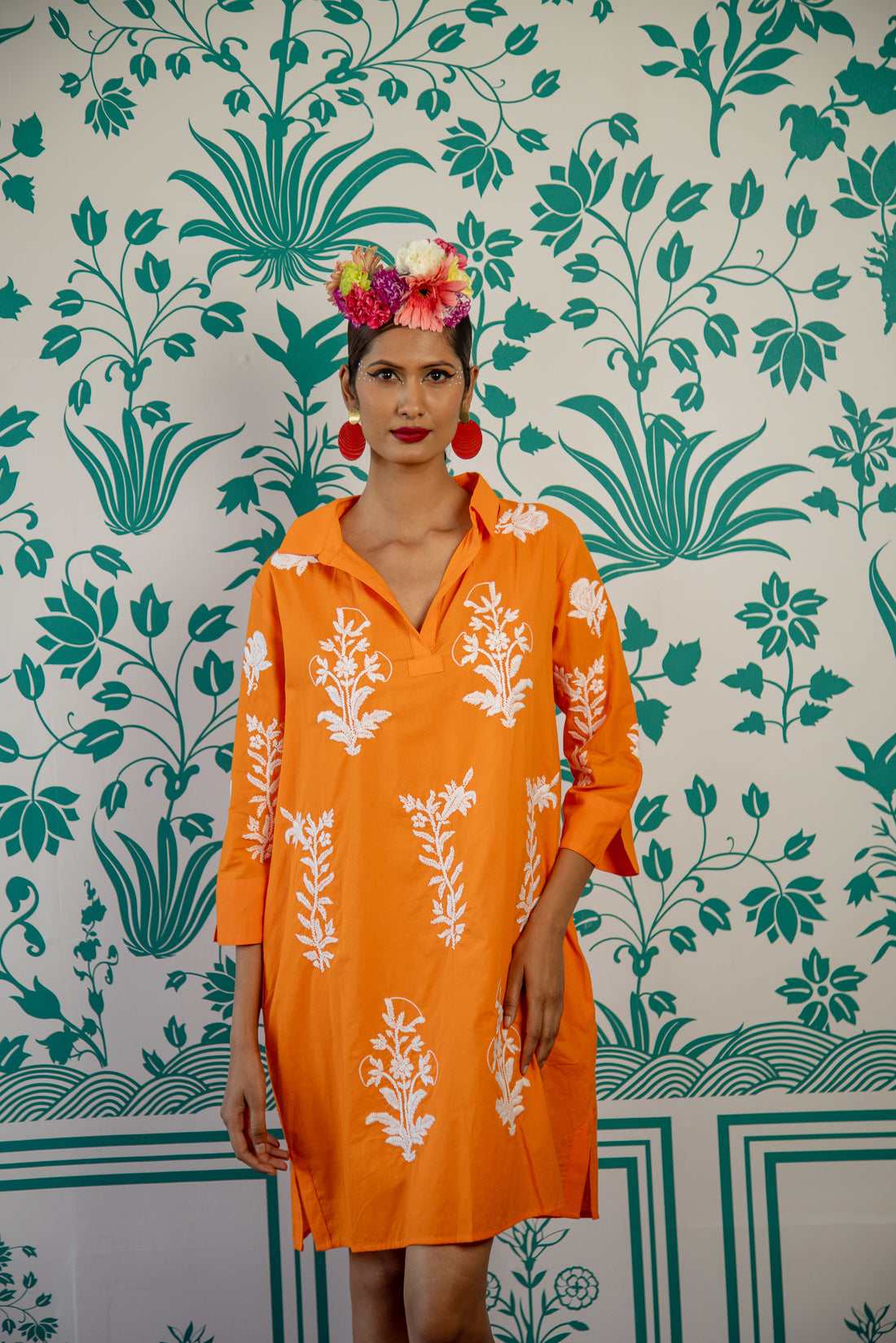 Short Tourist Dress Satsuma with White Embroidery Cotton