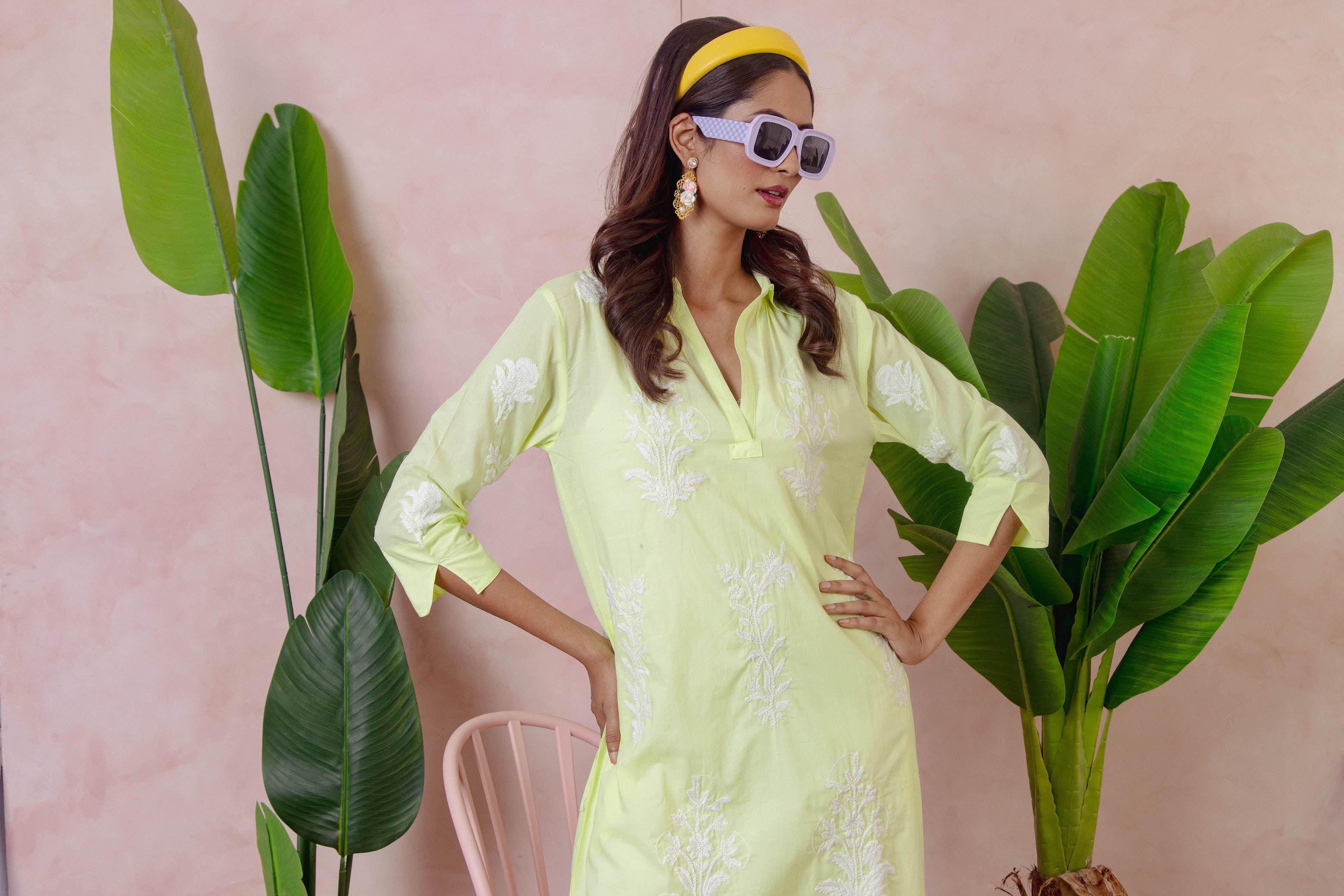 Long Tourist Dress Lime with White Embroidery