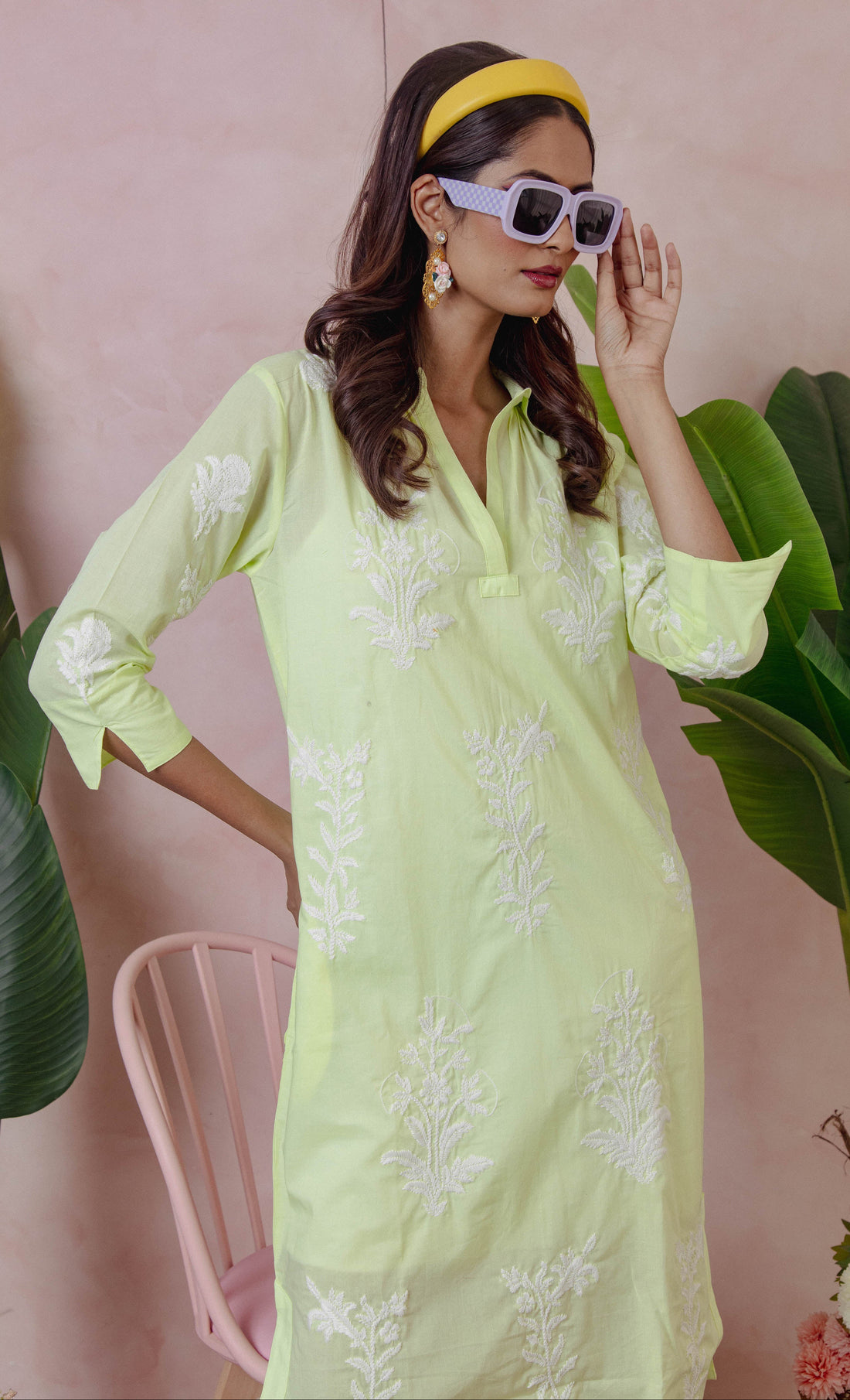 Long Tourist Dress Lime with White Embroidery