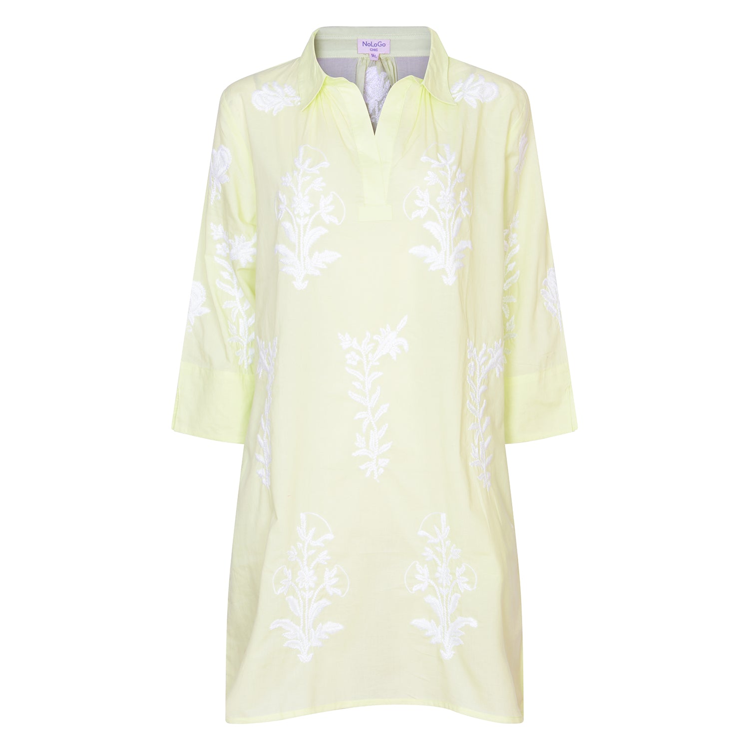 Short Tourist Dress Lime with White Embroidery Cotton