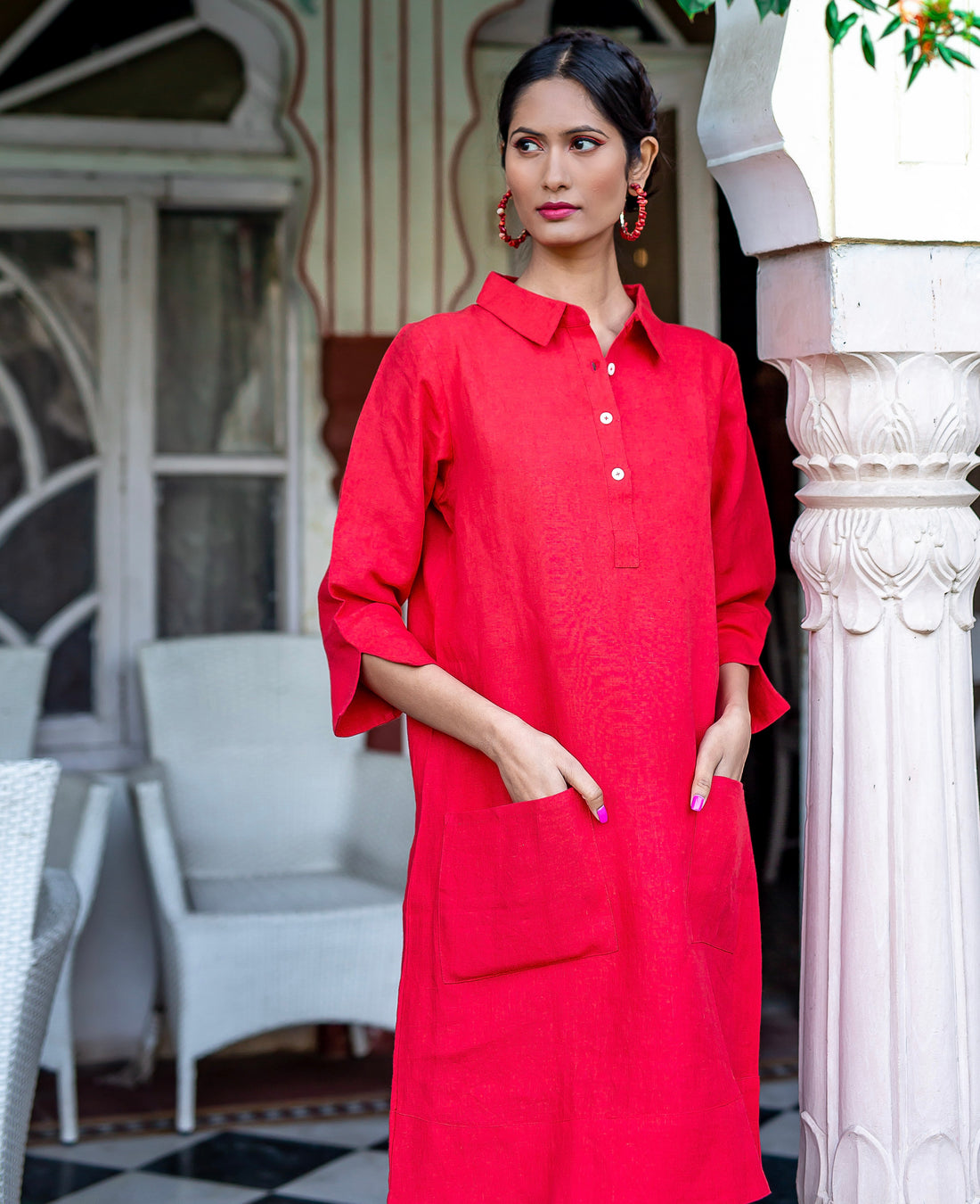 Up Town Linen Shirt Dress - Red