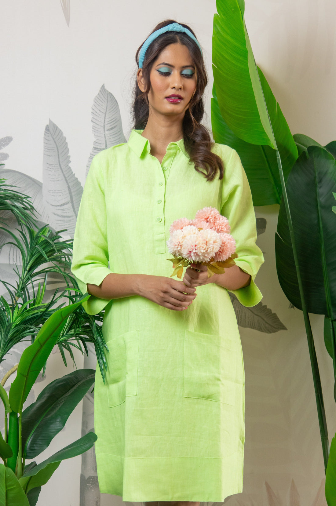 Up Town Linen Shirt Dress - Lime