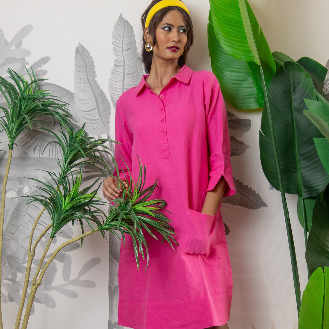 Up Town Linen Shirt Dress - Peony Pink