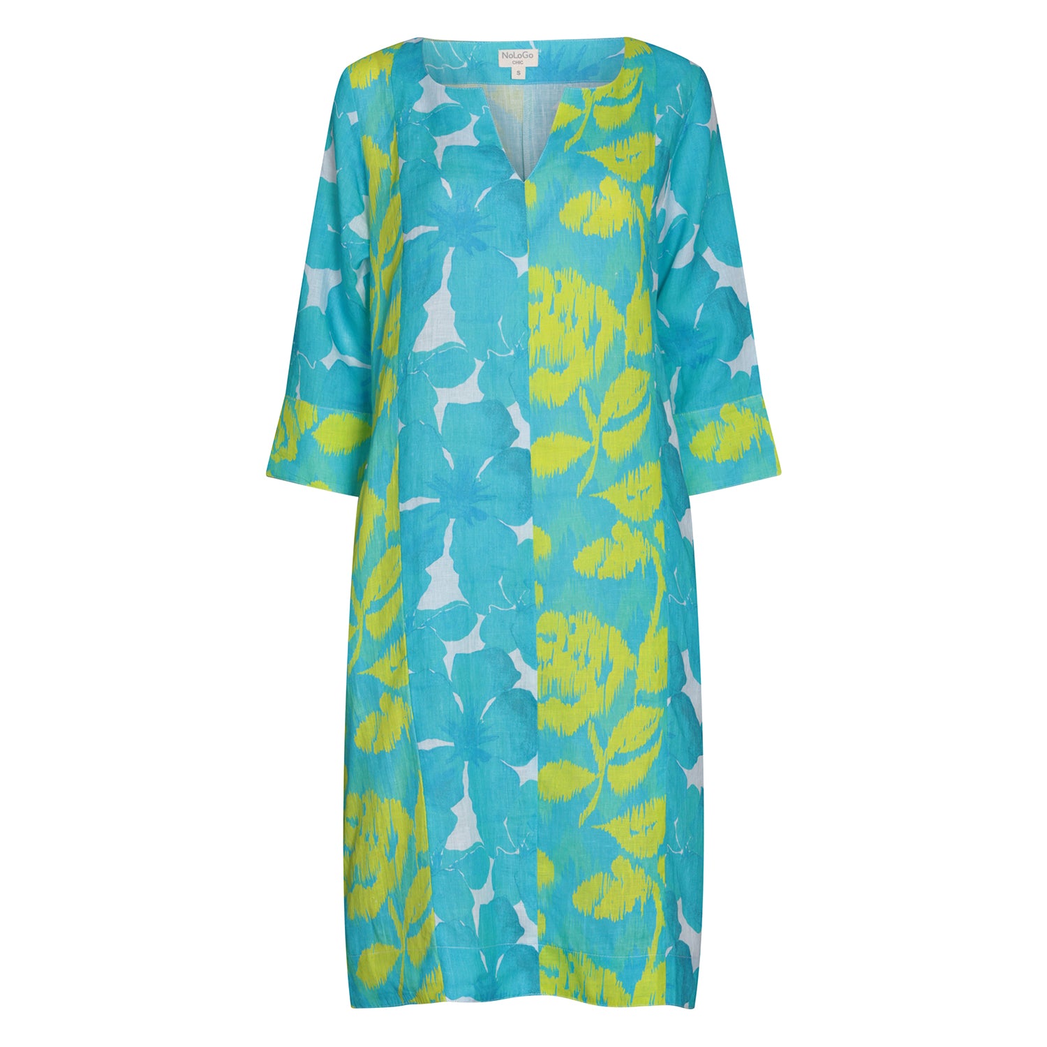 Zen Oleander Ikat Panel Print Tunic Dress - Linen - Turquoise
