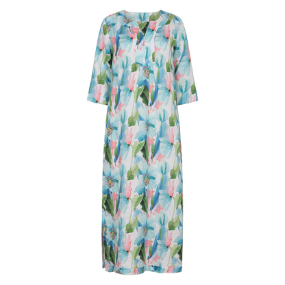 Life Style Tulip Print Maxi Dress Linen - Blue