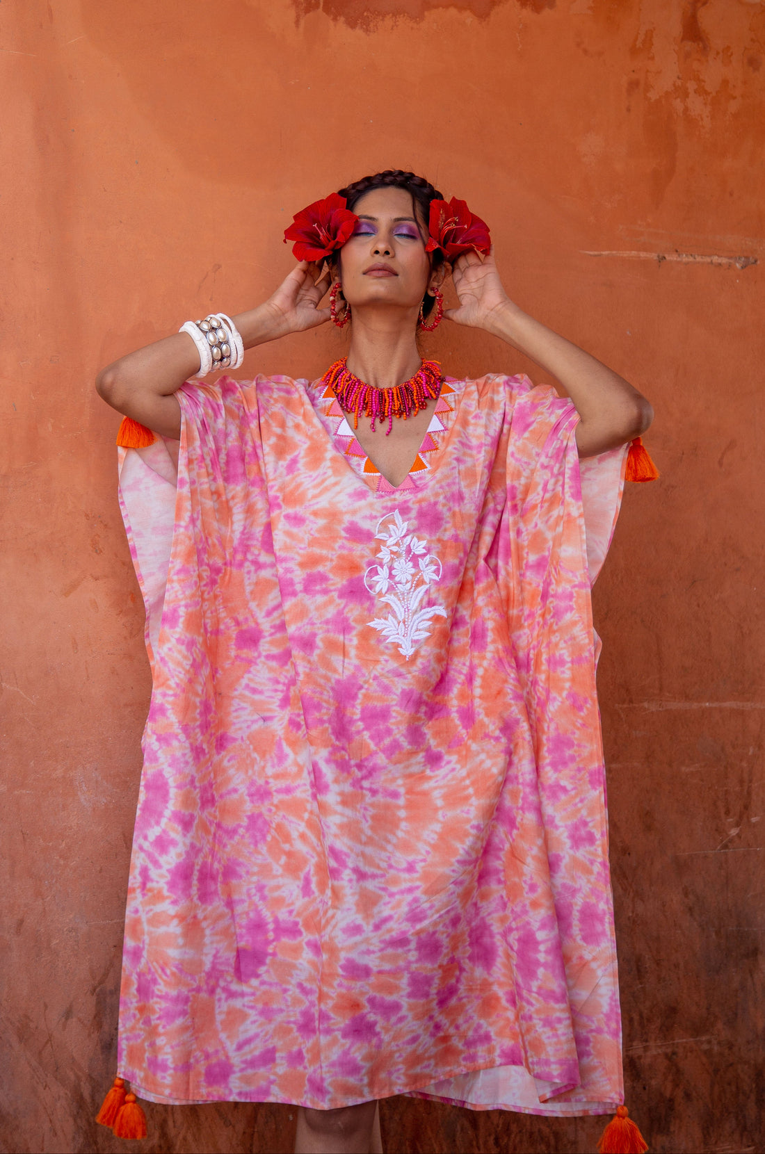 Felicity Embroidered Kaftan Cotton Cambric Pink
