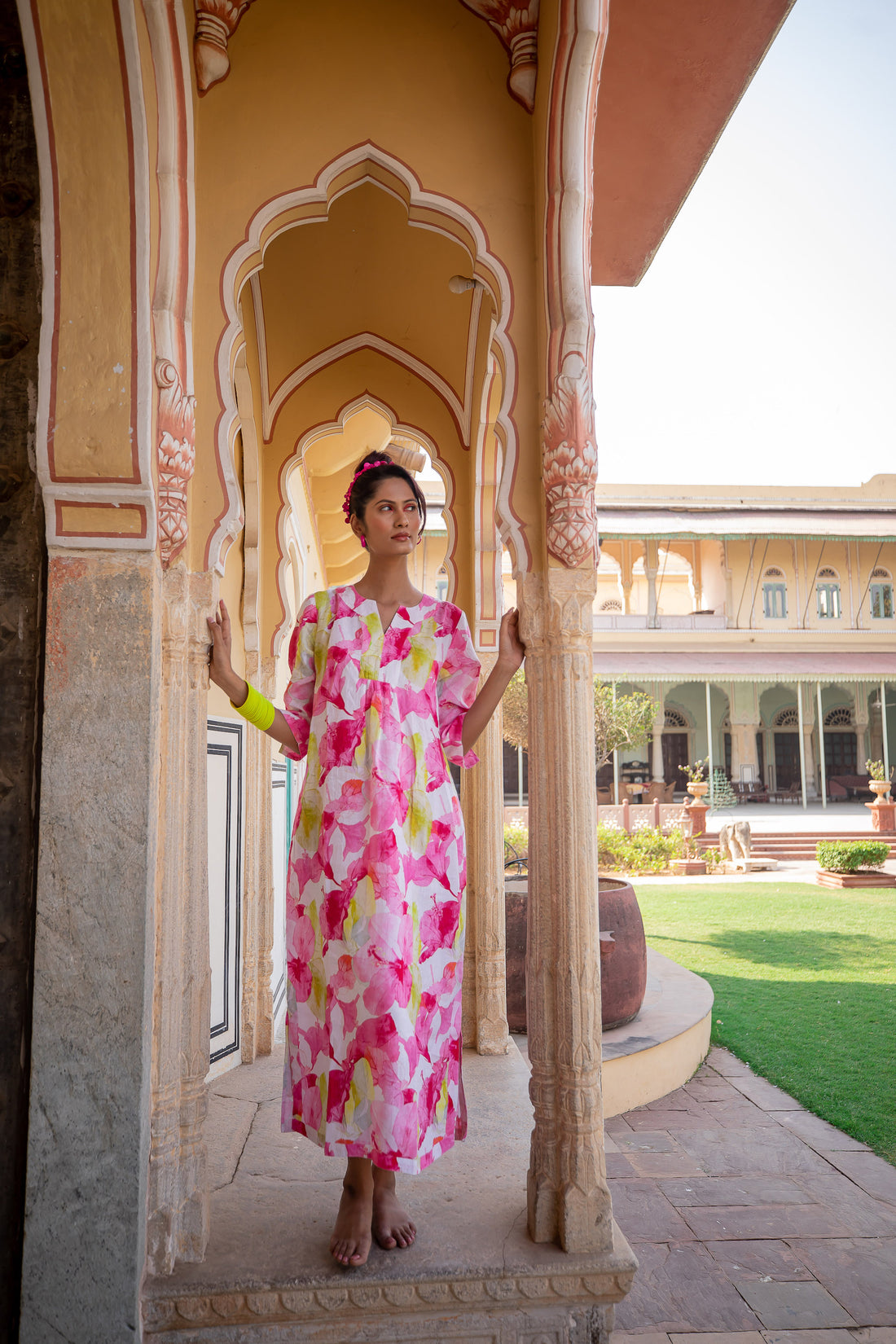 Hibiscus Hill Print Maxi Dress Linen - Multi