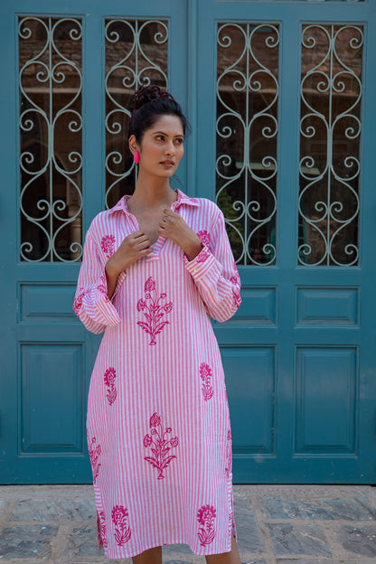 Tourist Hand Printed Stripe Linen Tunic Dress - Pink and White