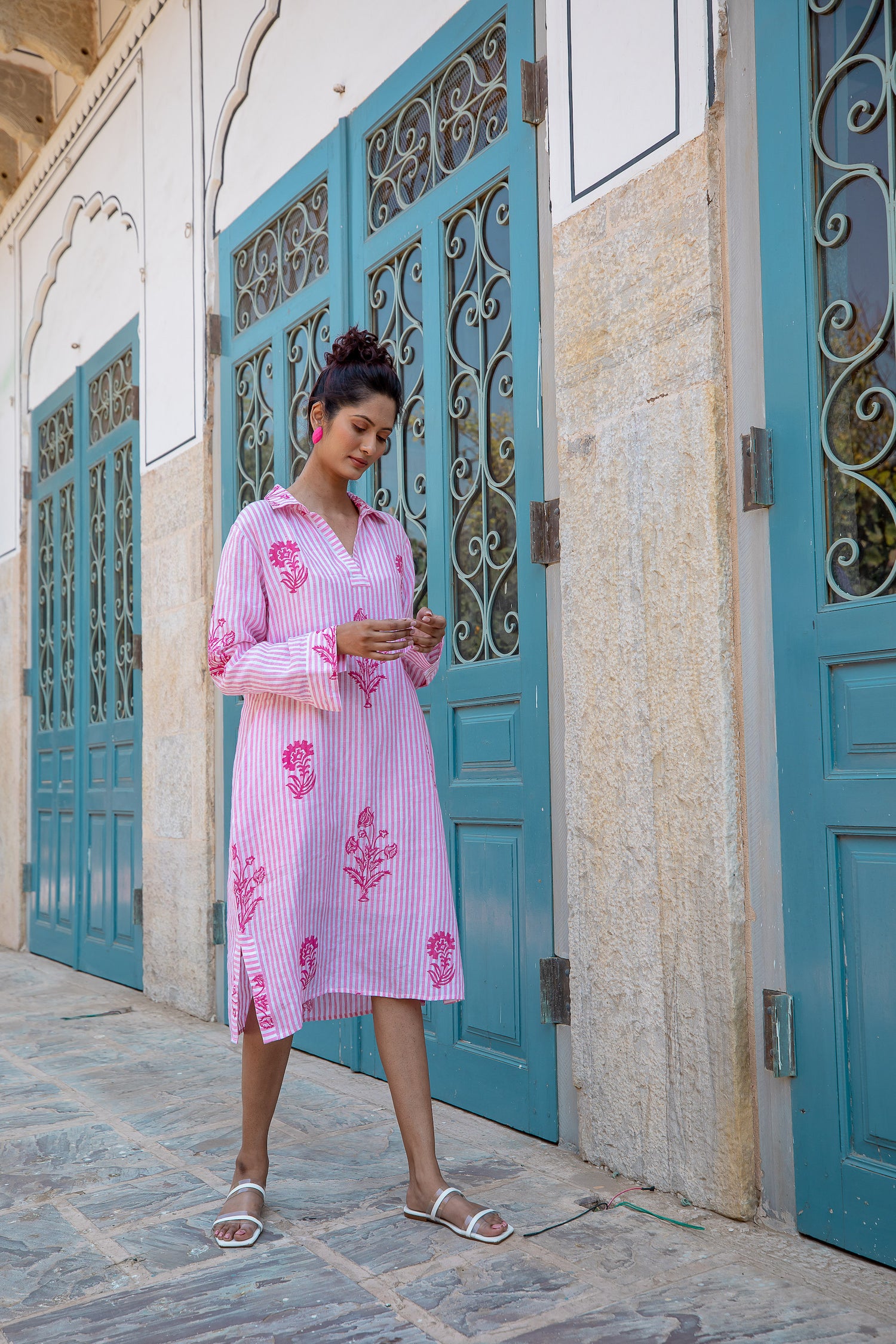 Tourist Hand Printed Stripe Linen Tunic Dress - Pink and White