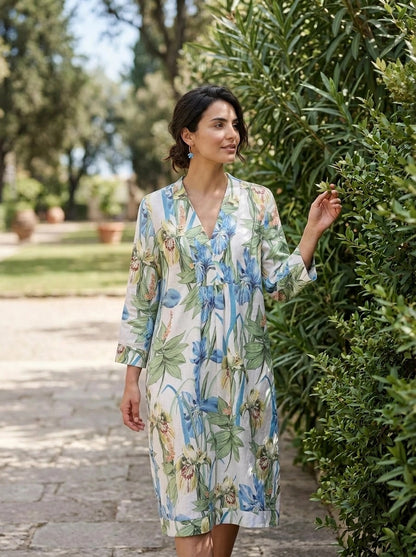 Iris Embroidered Picot Tunic Dress Linen White