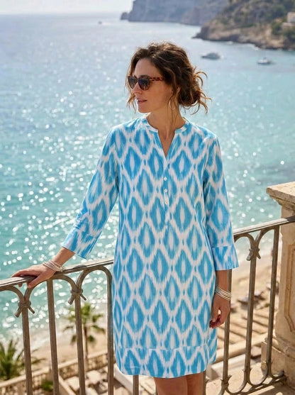 Ikat Tunic Dress Linen - Summer Blue