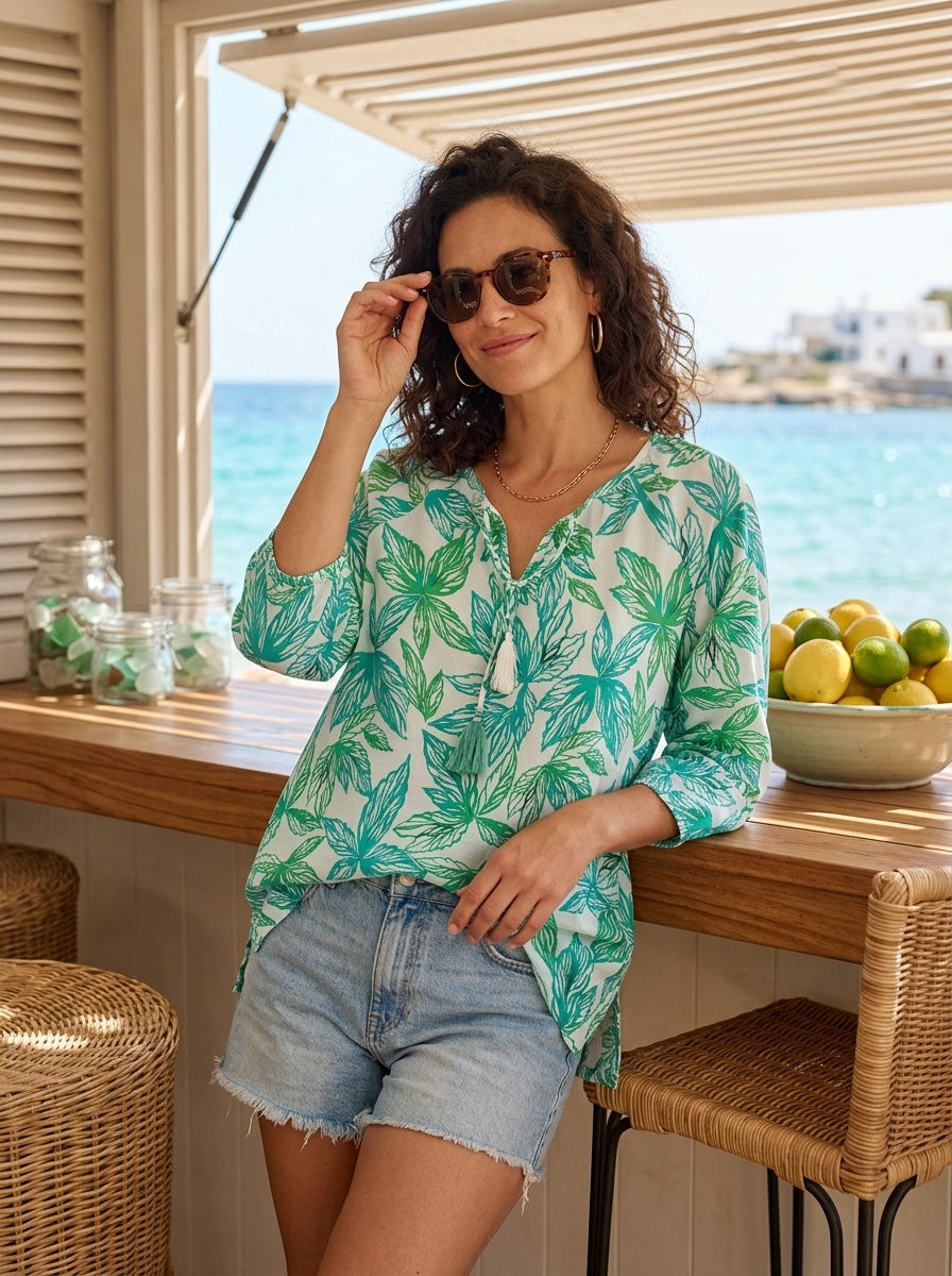 Spring Leaf Drifter Top Cotton Cambric - Green &amp; White