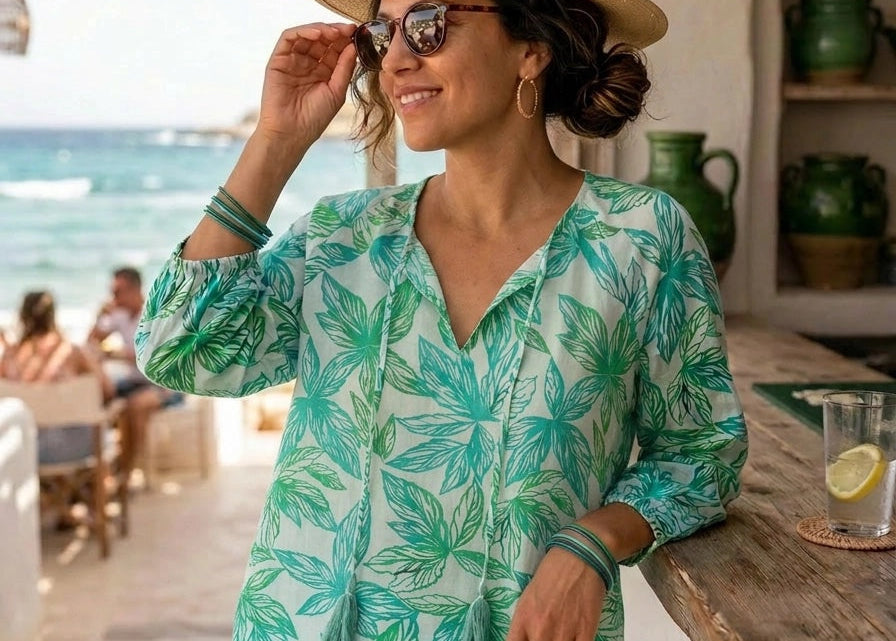 Spring Leaf Drifter Top Cotton Cambric - Green &amp; White