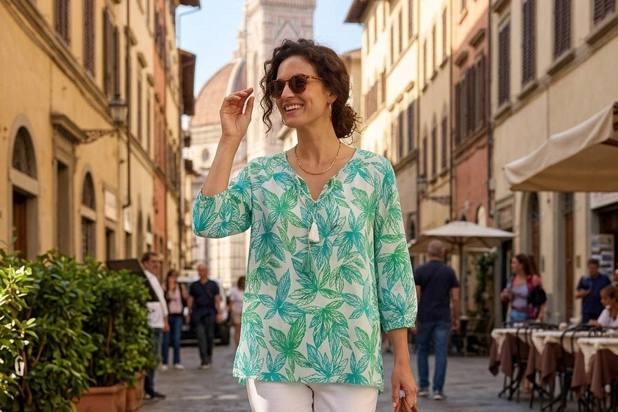 Spring Leaf Drifter Top Cotton Cambric - Green &amp; White