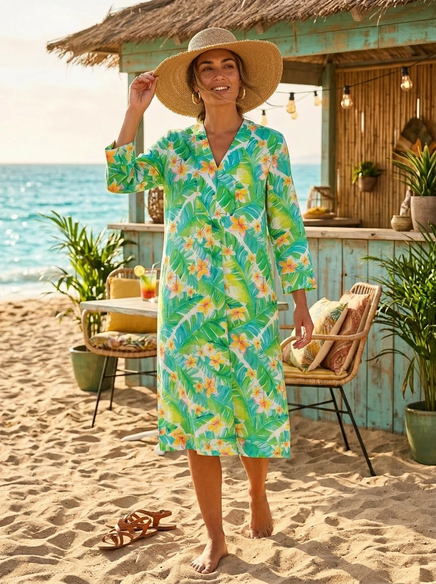 Honolulu Print Picot Dress Linen Multi