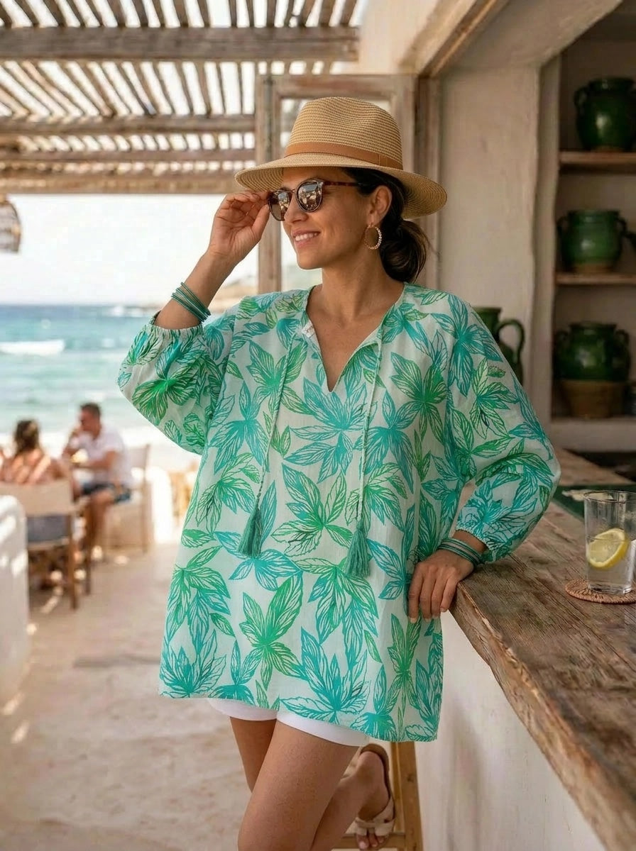 Spring Leaf Drifter Top Cotton Cambric - Green &amp; White