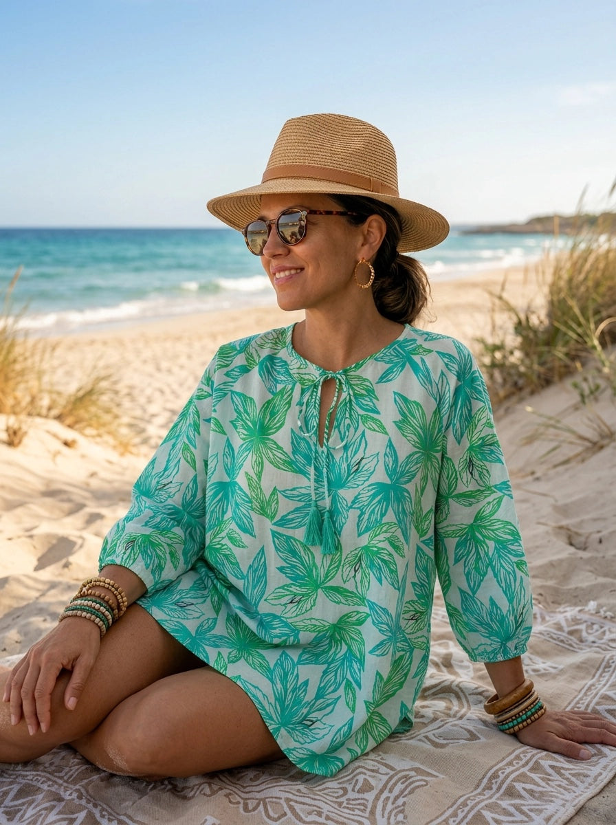 Spring Leaf Drifter Top Cotton Cambric - Green &amp; White
