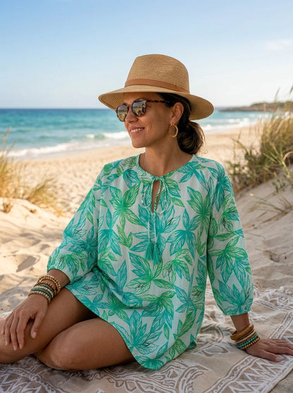Spring Leaf Drifter Top Cotton Cambric - Green &amp; White