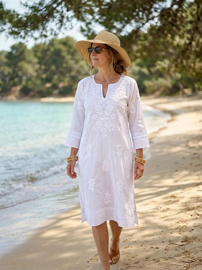 White Harriet Dress with White Hand Embroidery