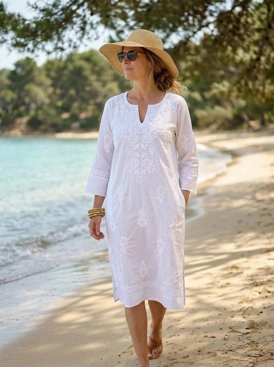 White Harriet Dress with White Hand Embroidery