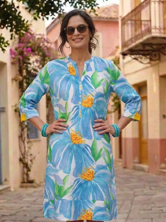 Denim Flower Linen Tunic Dress