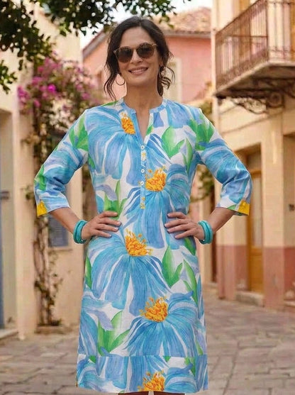 Denim Flower Linen Tunic Dress