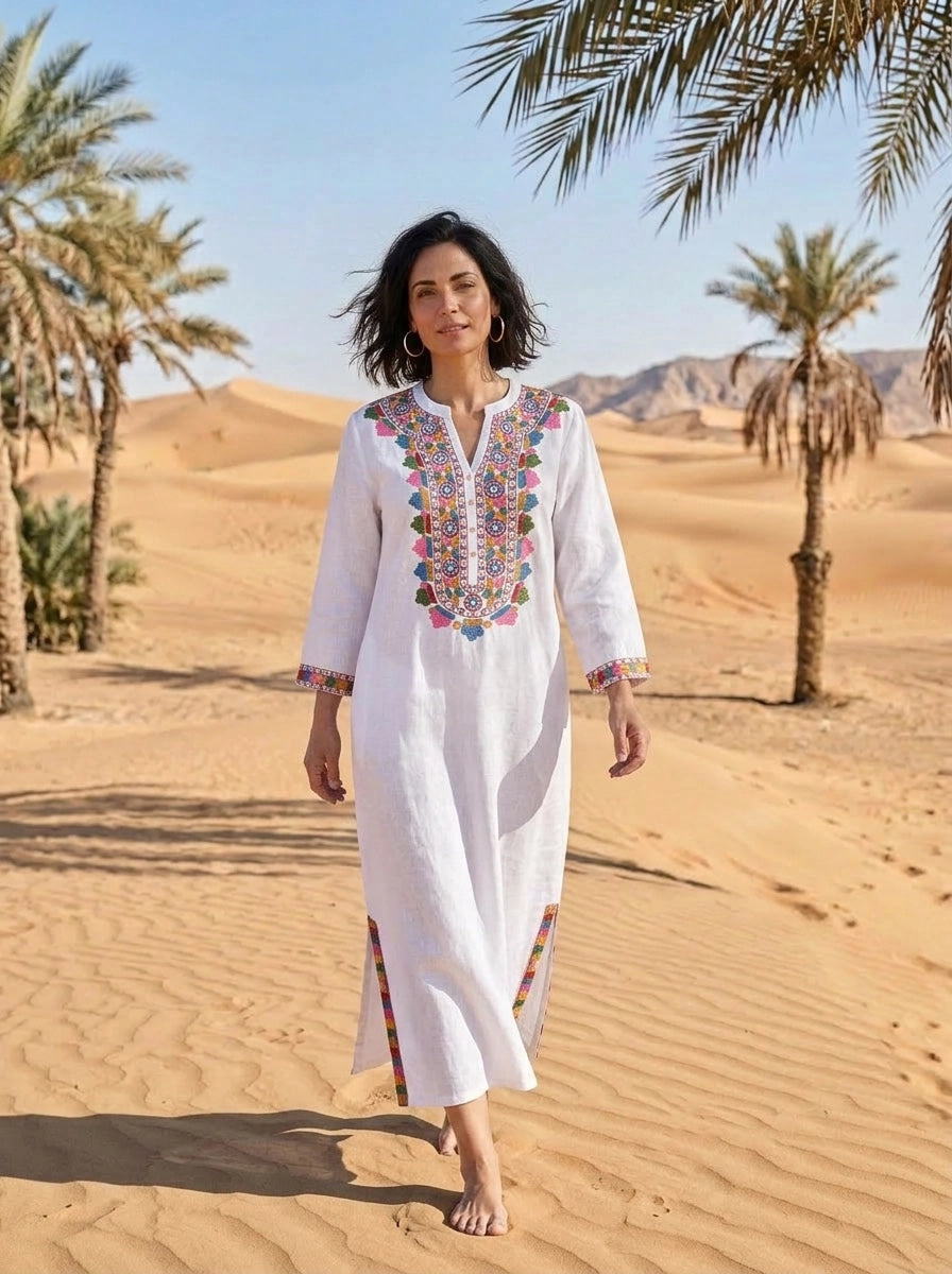 Tribal Embroidered Linen -  Maxi Dress - White