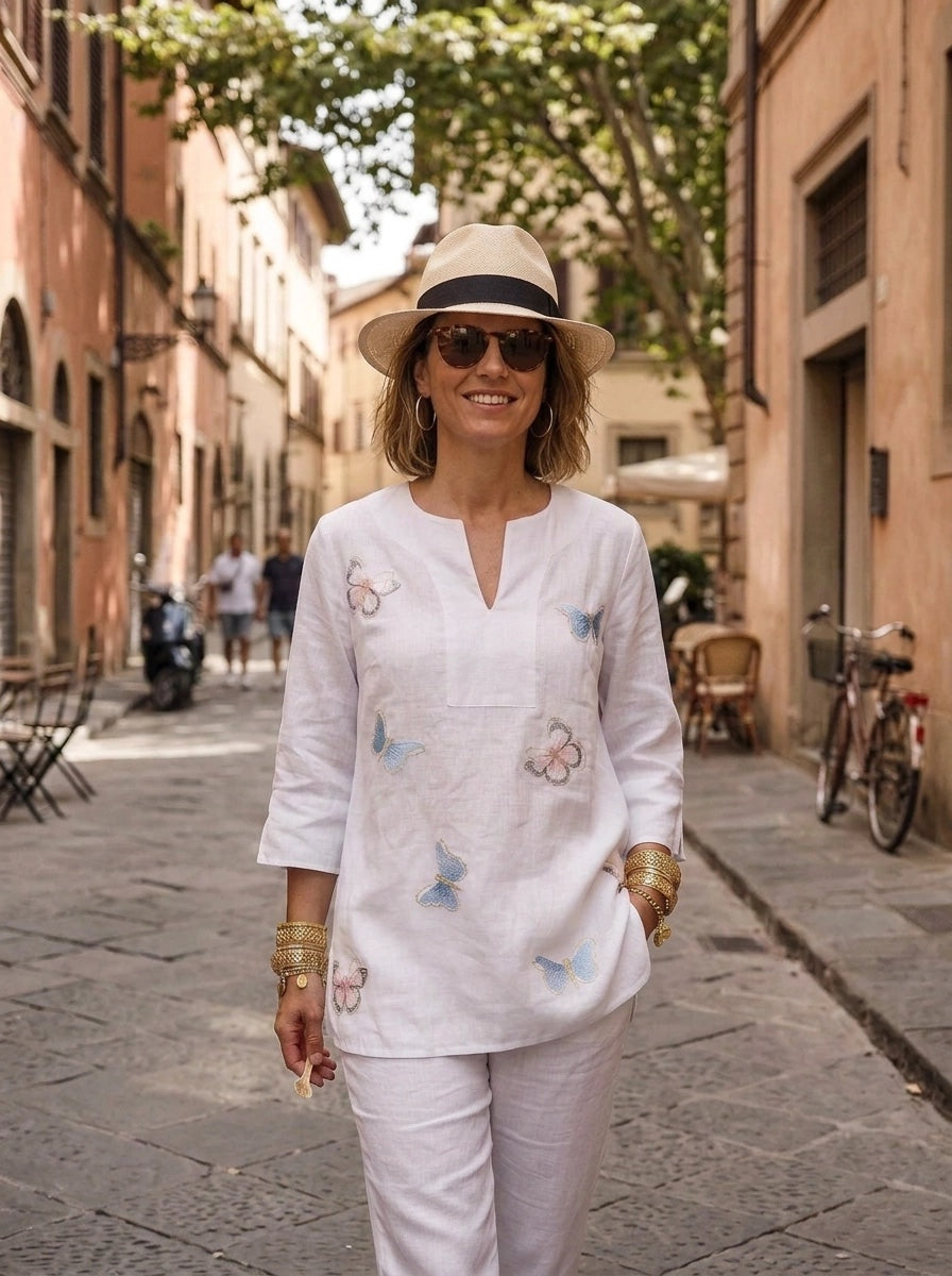 Butterfly Embroidered Linen Tunic Top - White