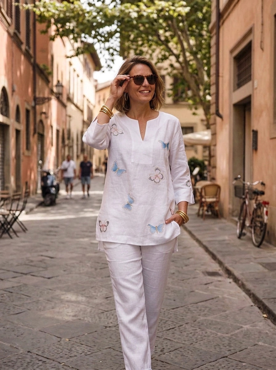 Butterfly Embroidered Linen Tunic Top - White
