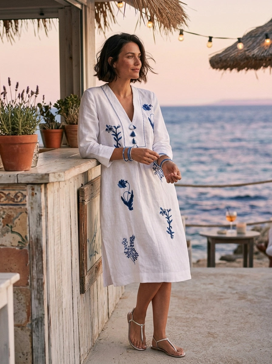 Botanical Embroidered Picot Midi Tunic Dress - White &amp; Indigo