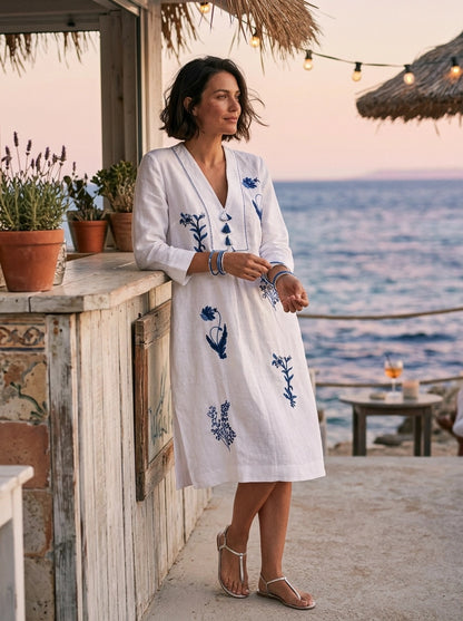 Botanical Embroidered Picot Midi Tunic Dress - White &amp; Indigo