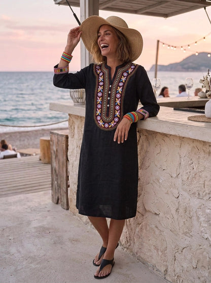 Tribal Embroidered Tunic Dress -Black