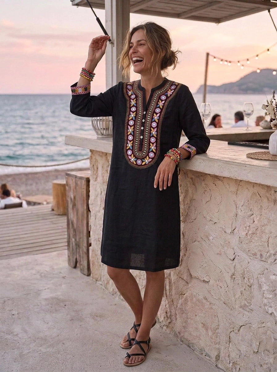 Tribal Embroidered Tunic Dress -Black