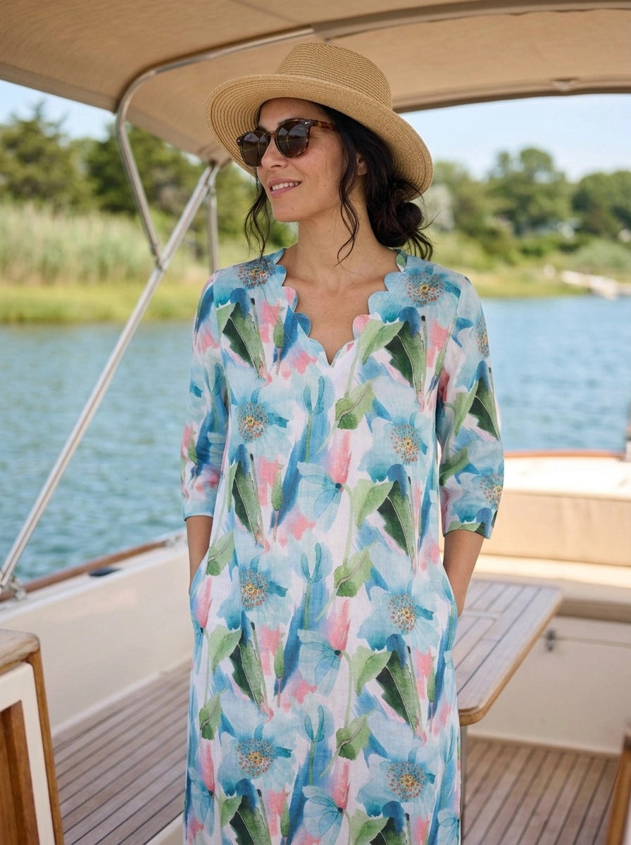 Tulip Poppy Scallop V Neck Dress Linen Blue