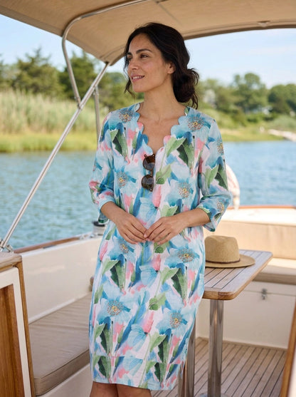 Tulip Poppy Scallop V Neck Dress Linen Blue