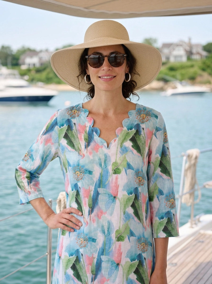 Tulip Poppy Scallop V Neck Dress Linen Blue