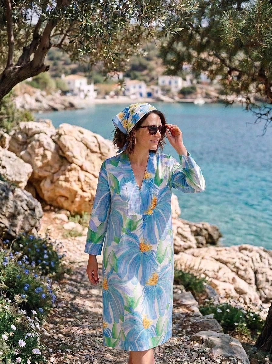Picot Midi Dress Denim Flower