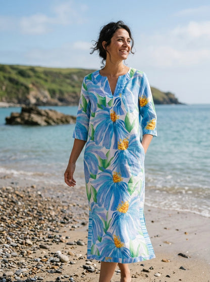 Denim Flower Print Linen Maxi Dress
