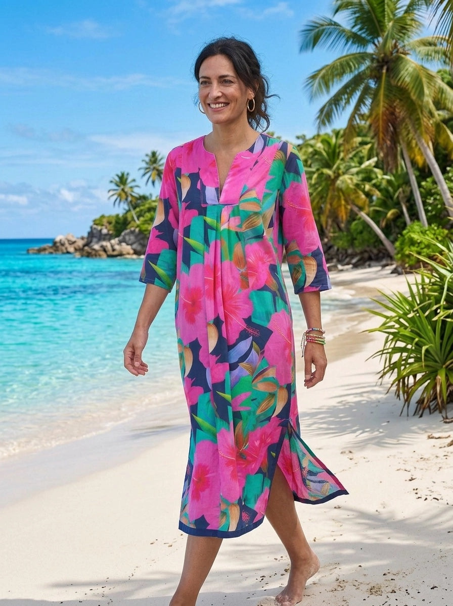 Fruit Flower Print Linen Maxi Dress