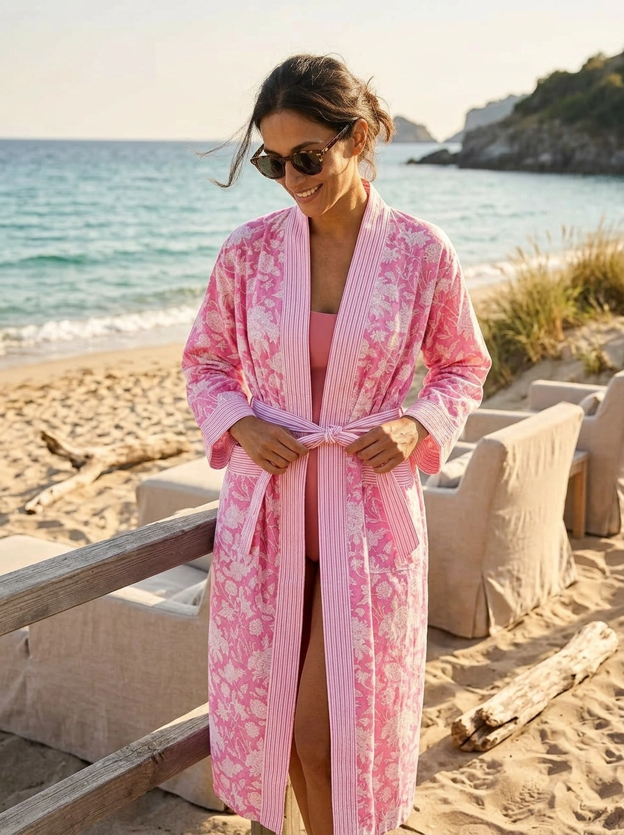 Hand Printed Cotton Kimono Robe - Hibiscus Pink