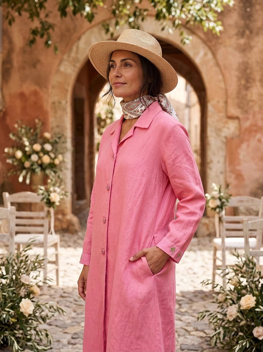 Embroidered Gertrude Coat Dress Linen Blush Pink