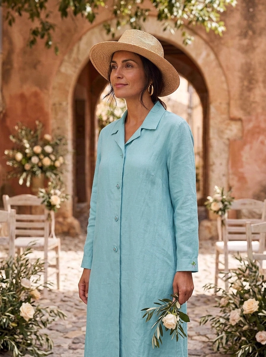 Embroidered Gertrude Coat Dress Linen Blue